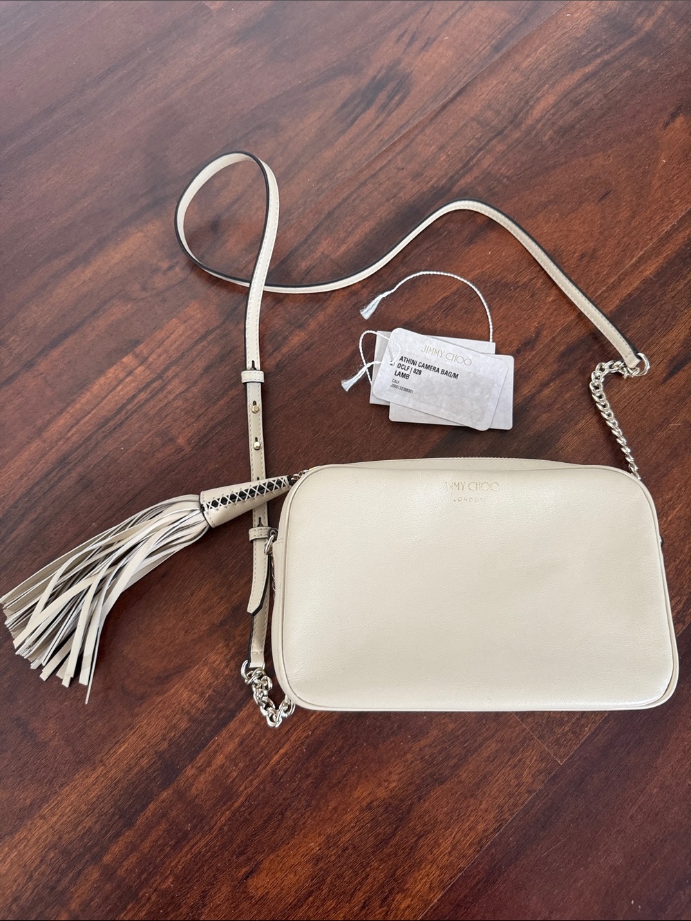 Jimmy Choo Athini Cream Leather Crossbody Camera Bag with Tassel $895